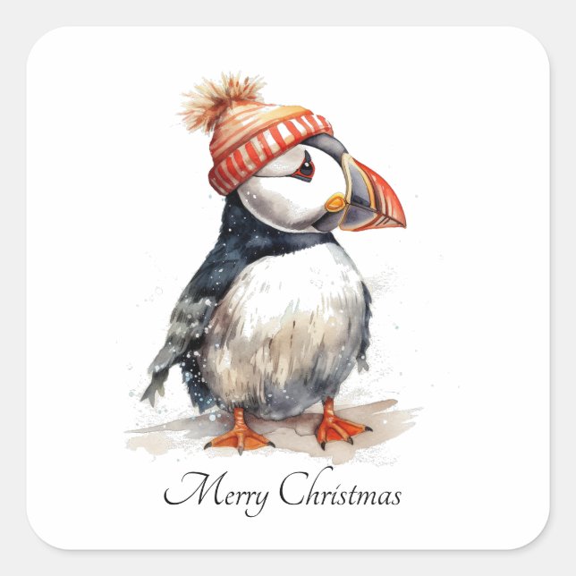 Merry Puffin, custom Square Sticker (Front)
