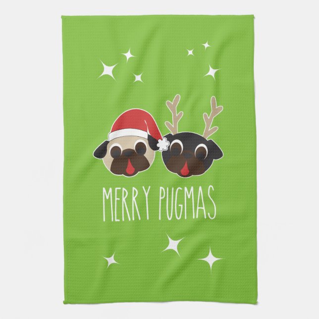 Merry Pug Santa and Reindeer Pugs Dish Towel (Vertical)