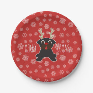 Merry Pugmas Black Pug Reindeer and Snowflakes Paper Plate