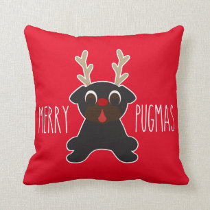 Merry Pugmas Black Pug Reindeer Cushion