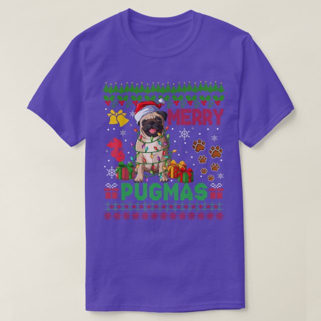Merry Pugmas Christmas Lights Santa Pug Dog Family T-Shirt (Design Front)