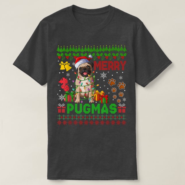 Merry Pugmas Christmas Lights Santa Pug Dog Family T-Shirt (Design Front)