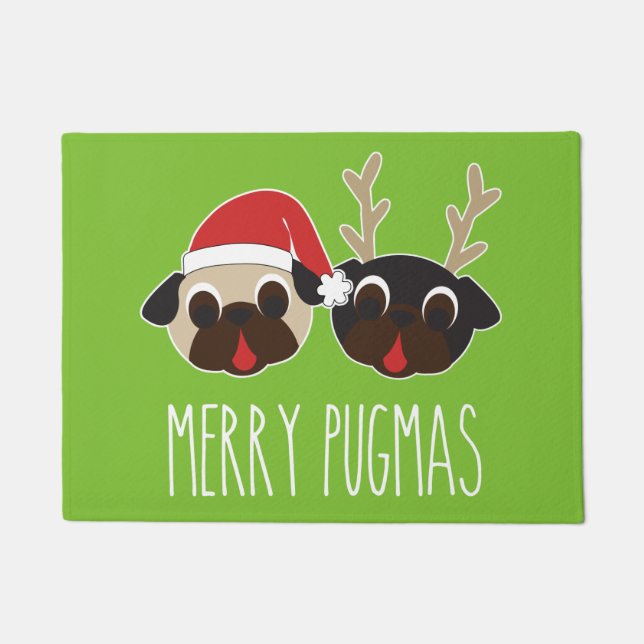 Merry Pugmas Christmas Santa Pug Reindeer Pug Doormat (Front)