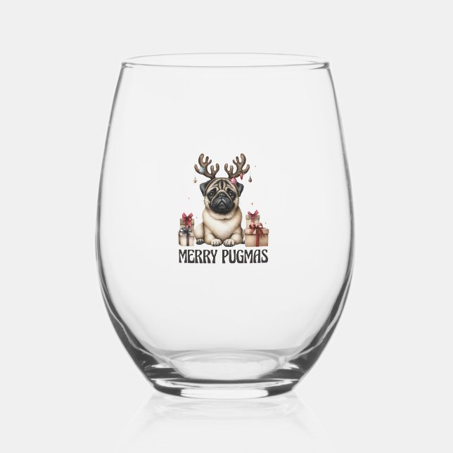 Merry Pugmas Merry Christmas Funny Pug Dog  Stemless Wine Glass (Front)