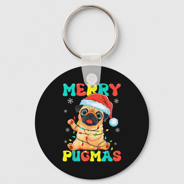 Merry Pugmas Pug Christmas Santa Pug Xmas Lights D Key Ring (Front)