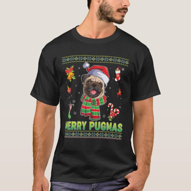 Merry Pugmas Pug Dog Christmas Lights Xmas Sweater (Front)