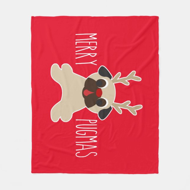 Merry Pugmas Pug Reindeer Fleece Blanket (Front)