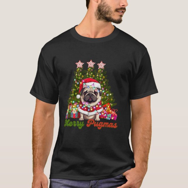 Merry Pugmas Santa Pug Dog Lover Christmas Lights  T-Shirt (Front)