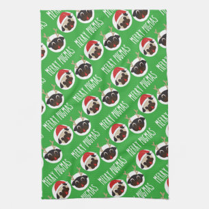Merry Pugmas Santa Reindeer Pugs Pattern Tea Towel