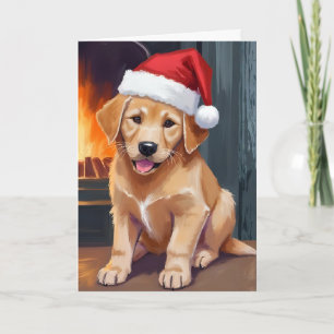 Merry Puppy Dog Santa Hat Christmas Watercolor Holiday Card