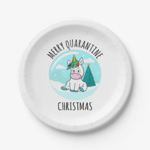Merry Quarantine Christmas Unicorn Paper Plate
