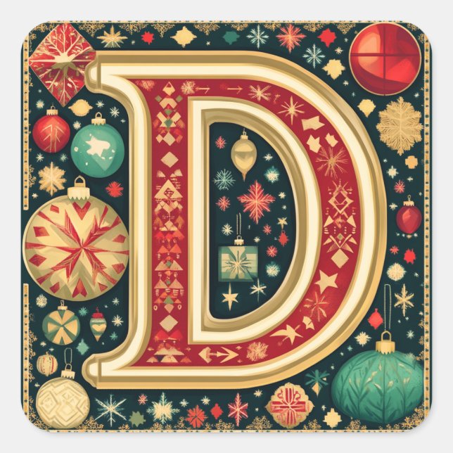 Merry Red and Green Letter 'D' Square Sticker (Front)