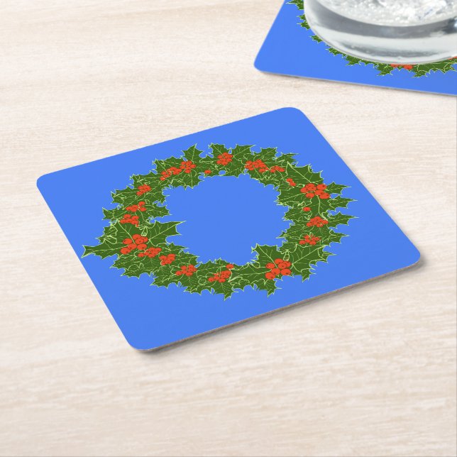 Merry Red Berry & Holly Wreath for Christmas   Square Paper Coaster (Angled)