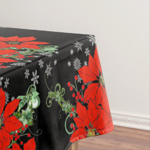Merry Red Christmas Poinsettia Holiday Black Tablecloth