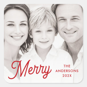 Merry red festive retro font name year photo square sticker