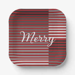 Merry -Red, Gray, Black, White Stripes Paper Plate