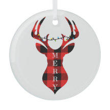 Merry Red Plaid Reindeer Silhouette Circle Glass