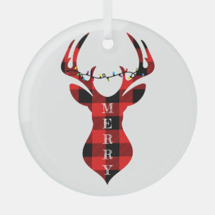 Merry Red Plaid Reindeer Silhouette Circle Glass Tree Decoration