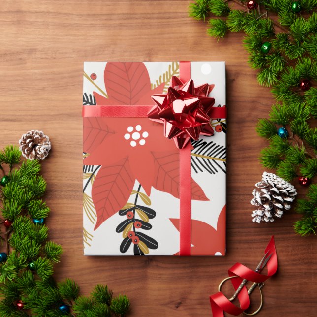 Merry Red Poinsettia Christmas Floral Gift Wrapping Paper (Holiday Gift)
