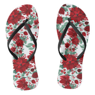 Merry Red Poinsettia Flowers Ivy Leaves Watercolor Jandals