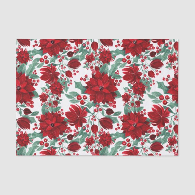 Merry Red Poinsettia Flowers Ivy Leaves Watercolor Tissue Paper (Front)