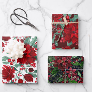 Merry Red Poinsettia Flowers Ivy Leaves Watercolor Wrapping Paper Sheet
