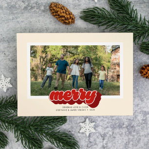 Merry Red Retro Script Christmas Photo Holiday Card
