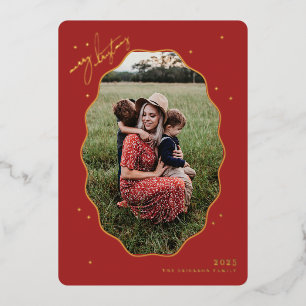 Merry Red Scallop Frame Holiday Photo Card