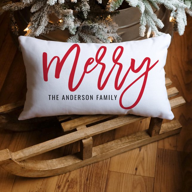 Merry Red Script Family Name Christmas Lumbar Cushion (Creator Uploaded)