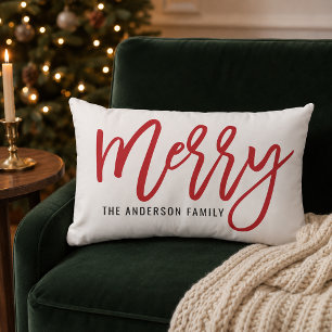 Merry Red Script Family Name Christmas Lumbar Cushion
