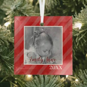 Merry Red Whimsical Fun Photo Personalised Glass Tree Decoration