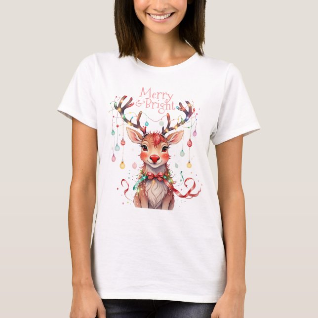 Merry Reindeer Rudolph and Christmas Lights T-Shirt (Front)