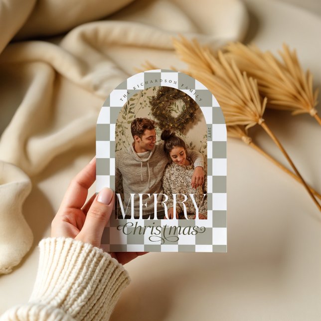 Merry Retro Chequerboard Arch Photo Holiday Card  (Merry Retro Checkerboard Arch Photo Holiday Card)