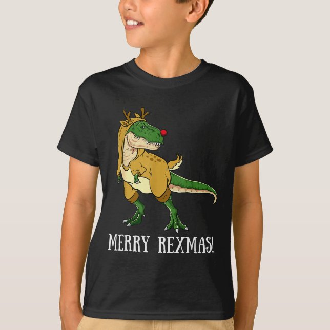 Merry Rexmas Reindeer T-rex Rudolph Dinosaur Chris T-Shirt (Front)