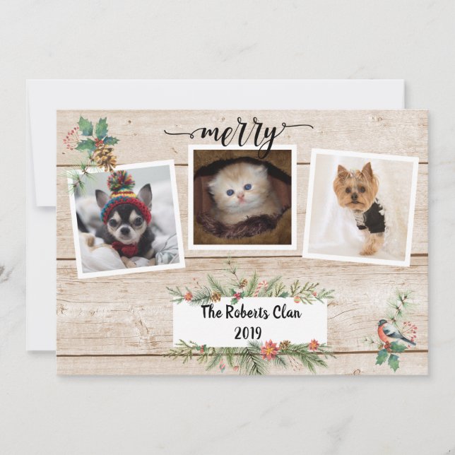 Merry!  Rustic Barnwood Three Photo Holiday (Front)