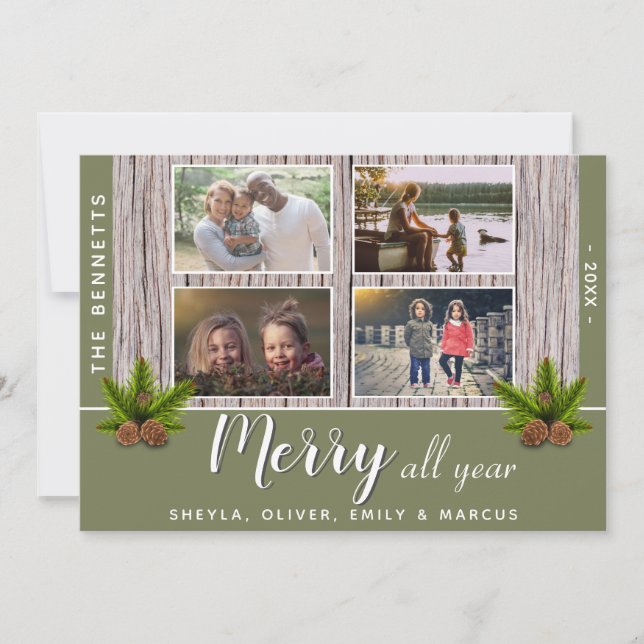Merry Rustic Wood Christmas Family 4 Photo Collage Holiday Card (Front)
