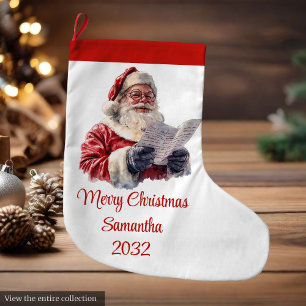 Merry Santa Claus Rustic Custom Name Editable  Large Christmas Stocking