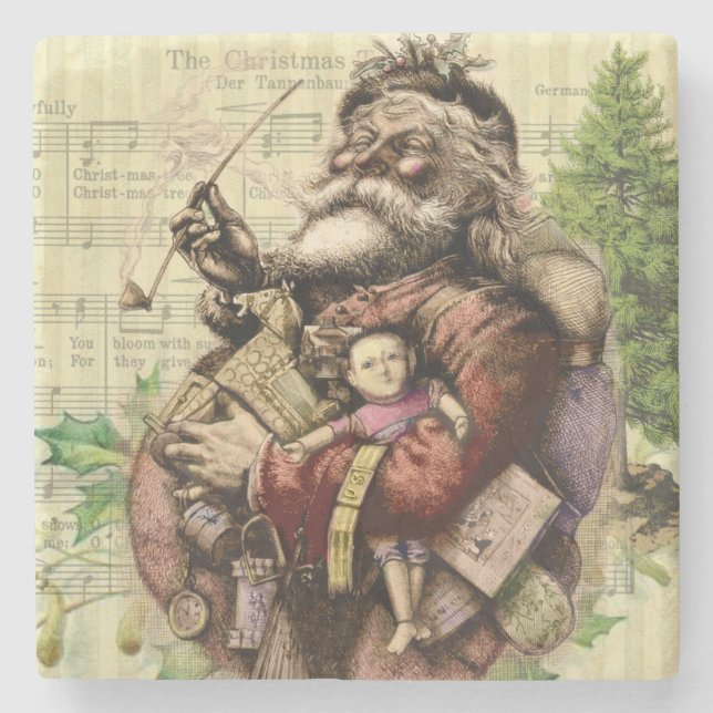 Merry Santa Claus Tree Classic Illustration Stone Coaster (Front)