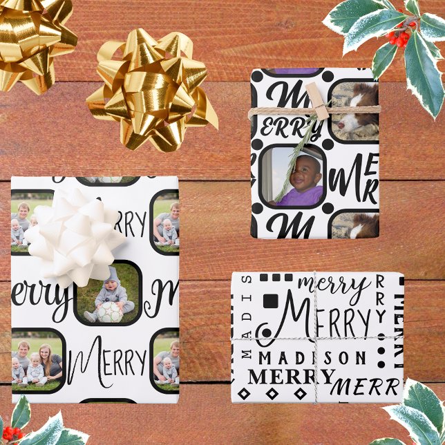 MERRY Script Black On White 4 Photo Christmas Wrapping Paper Sheet (Creator Uploaded)