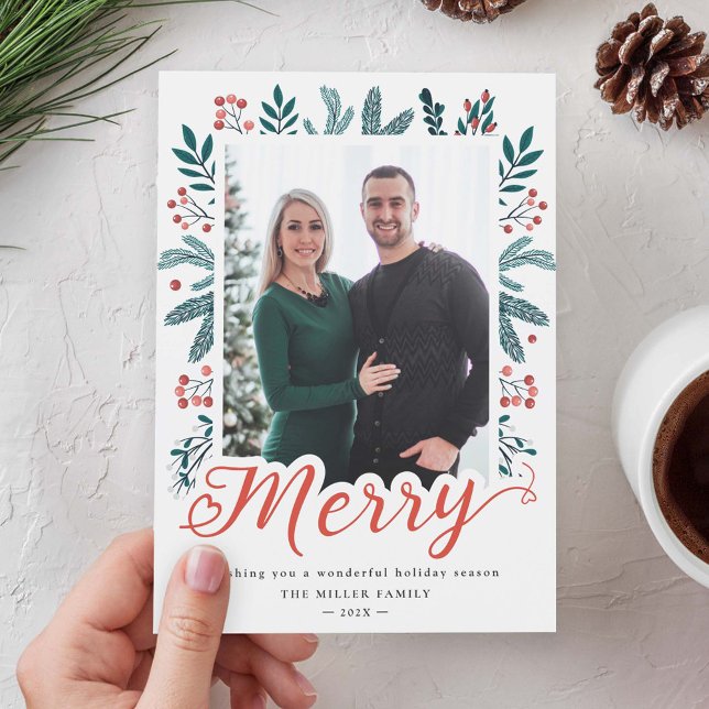 Merry Script Christmas Berry Holly and Pine Photo Holiday Card (Creator Uploaded)