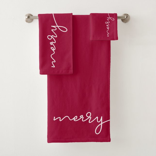 Merry Script | Christmas burgundy red Bath Towel Set (Insitu)