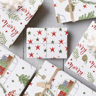 "Merry" script, Cosy Sleigh Scenes, Stars Wrapping Paper Sheet