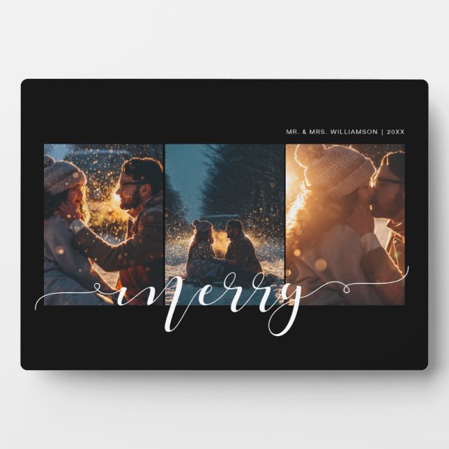 Merry Script Couple Three Photo Layout Keepsake Plaque (Front)