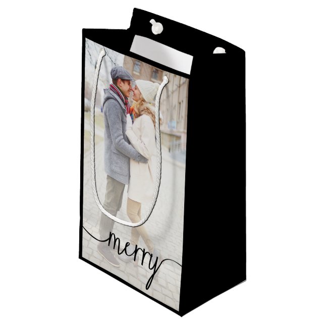Merry Script Custom Photo Gift Bag / Black (Front Angled)