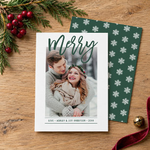 Merry Script Hunter Green Snowflake Photo Holiday Card