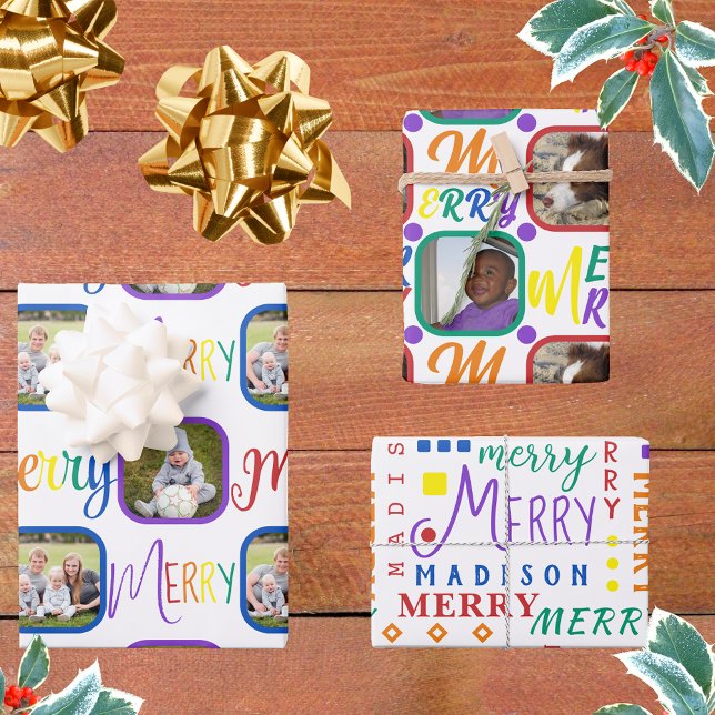 MERRY Script Rainbow On White 4 Photo Christmas Wrapping Paper Sheet (Creator Uploaded)
