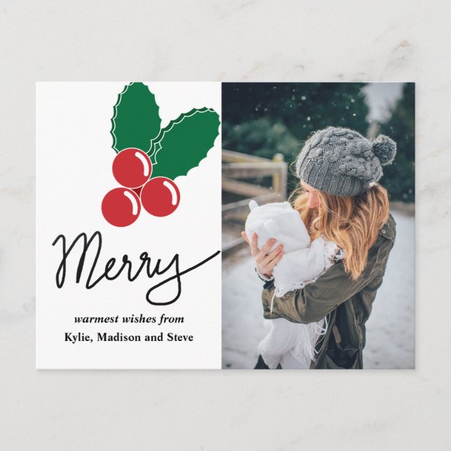 Merry Script | Red Berry Christmas Holiday Photo Postcard (Front)