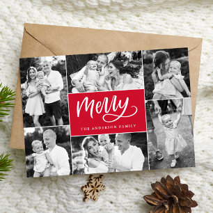 Merry Script Red Christmas 6 Photo Collage Holiday Card