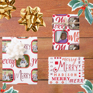 MERRY Script Red On White 4 Photo Christmas Wrappi Wrapping Paper Sheet