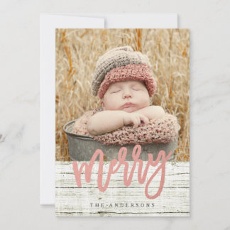 Merry Script Rose Gold Foil Rustic Wood Photo Holiday Card